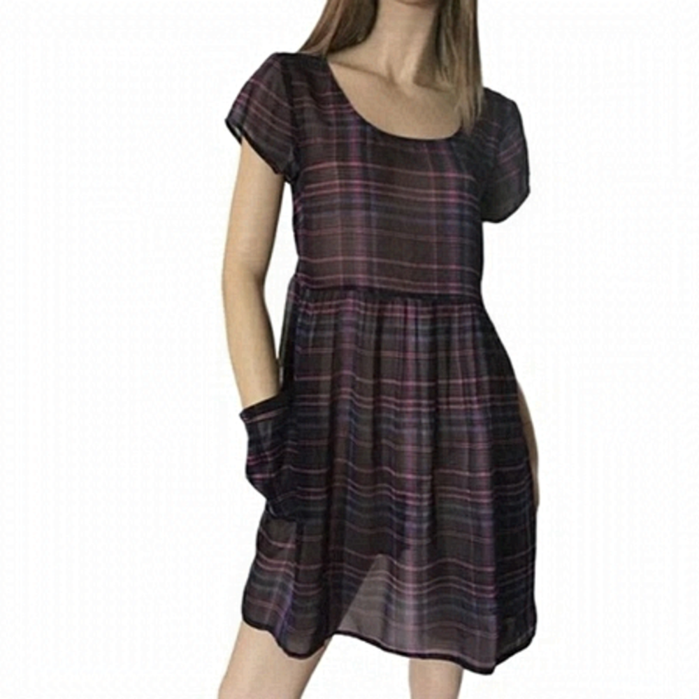Band of Gypsies (BOG) Babydoll Plaid Dress Semi Sheer Pockets Tie Back Plaid